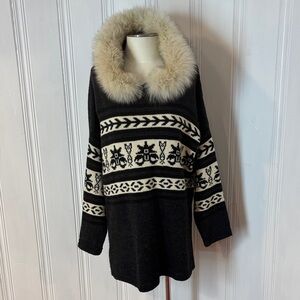 HARRICANA Hooded Wool Blend Nordic Tunic Sweater with Removable Fur Trim